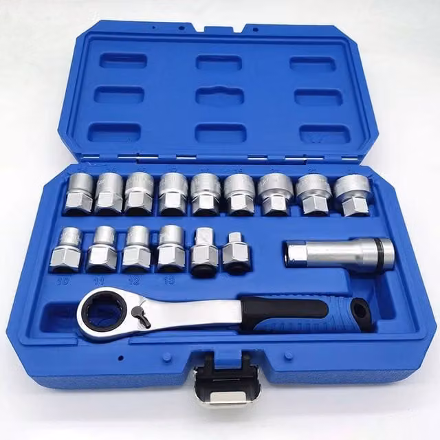 VOGREX 17-Piece Metric Through Hole Socket Ratchet Set, 10-24mm, Blue – 1