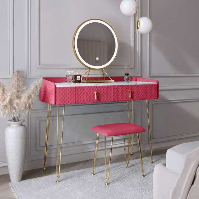 CARME Tokyo Glow Velvet Dressing Table with Hollywood LED Mirror in Raspberry Pink and Gold