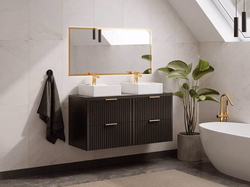 ZEVARA Black Ribbed Wall-Mounted Vanity Unit with Top, W: 120 cm, D: 46 cm, H: 57 cm – 2