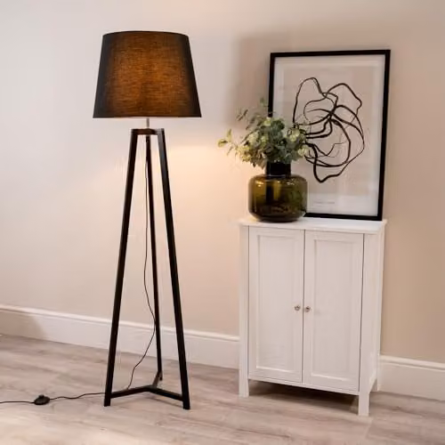 ValueLights Lottie Black Wood Tripod Floor Lamp with Beige Fabric Tapered Shade – 3