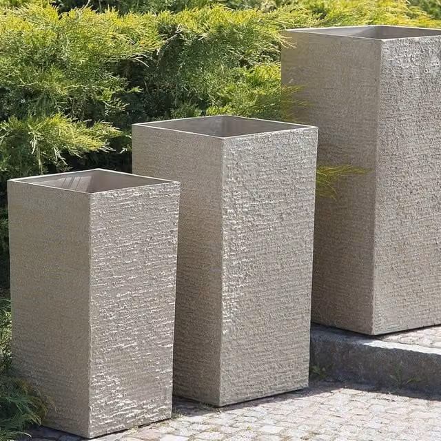 Wyld and Coco Tall Stone Planter in Beige, W/D/H: 35 x 35 x 70 cm