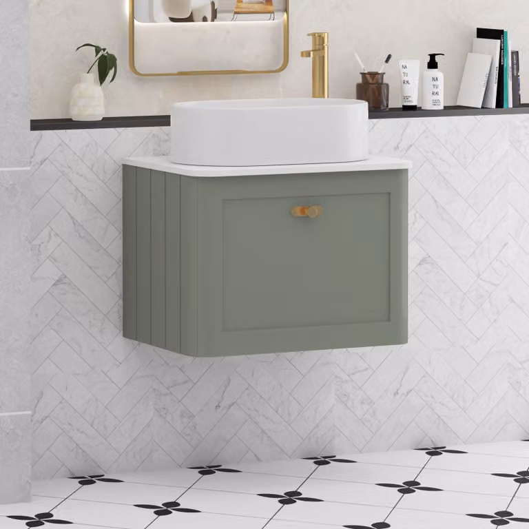 Royal Bathrooms Henley 600mm Sage Green Wall Hung Vanity Unit with Plain White Worktop, Peak Basin and Brushed Brass Knob