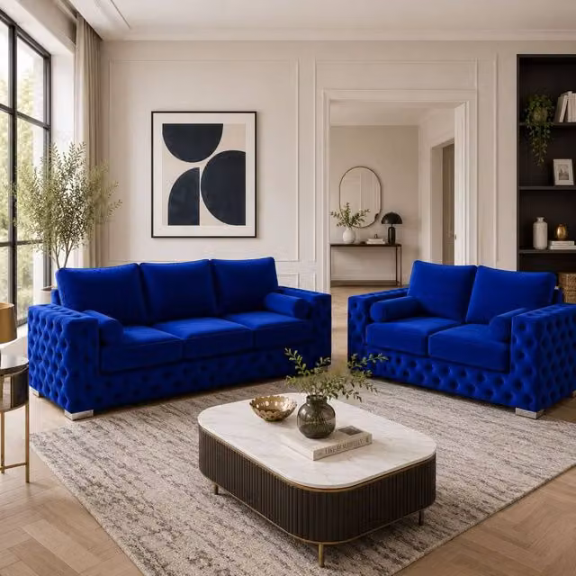 Stratus Interiors Ashley Full Back Chesterfield Upholstered Fabric 2 and 3 Seater Sofa Set in Blue