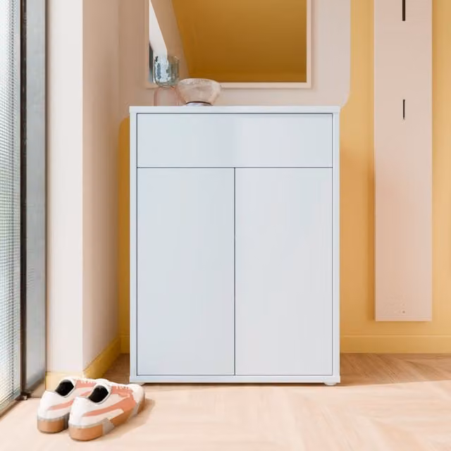 Furniture To Go Alice Springs Modern Shoe Cabinet in Light Grey with 2 Push-to-Open Doors and 1 Drawer