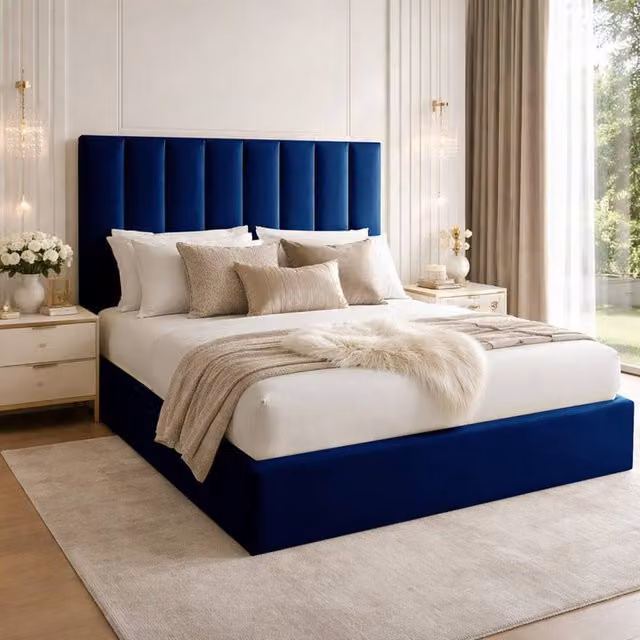 Desire Deco Suenna Ottoman Storage Bed Frame in Blue Plush Velvet, Super King, W/D/H: 200 x 200 cm