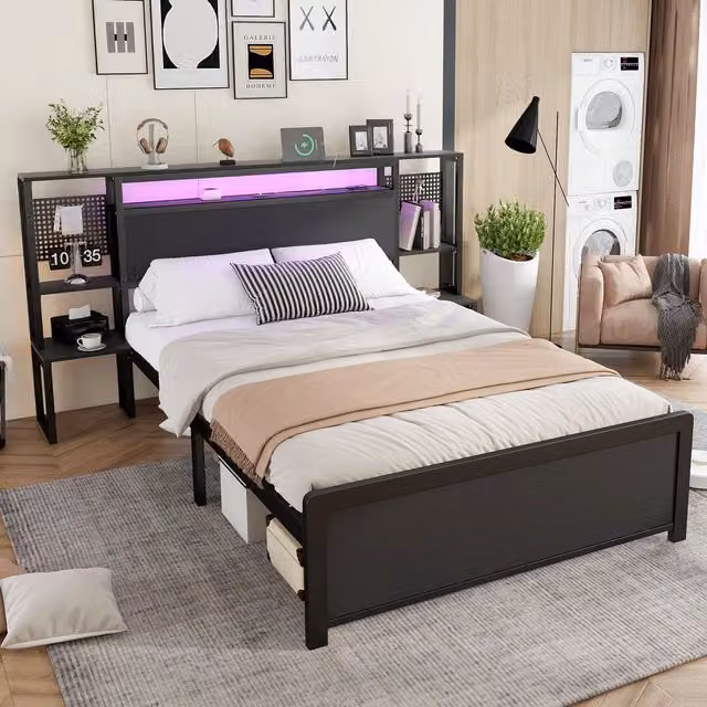 Matteo Metal Double Bed in Black with Multi-Colour LED Strip Lights, USB Charging Port and Side Compartments, W/D/H: 140 x 200 cm – 1