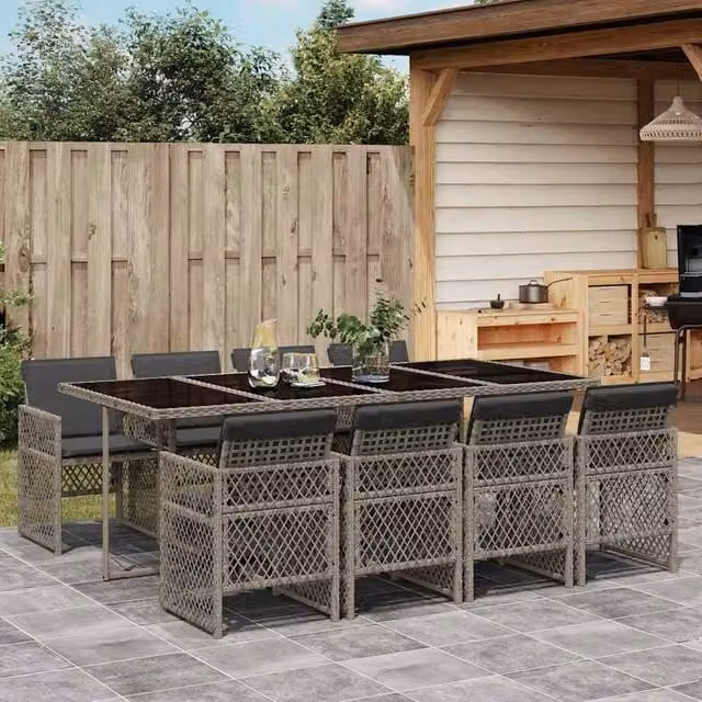 Berkfield Home 9 Piece Grey Poly Rattan Garden Dining Set with Cushions