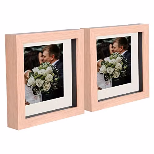 Nicola Spring Pack of 2 Brown and Beige Square 3D Wooden Shadow Box Photo Frames for Hanging or Standing – 1
