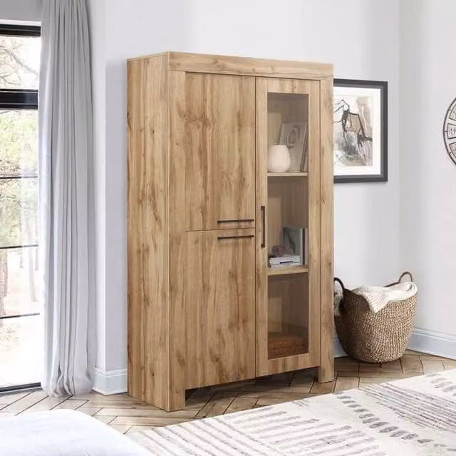 Birlea Compton Modern Oak Display Cabinet with Glass Doors and Internal Shelves in Brown and Black