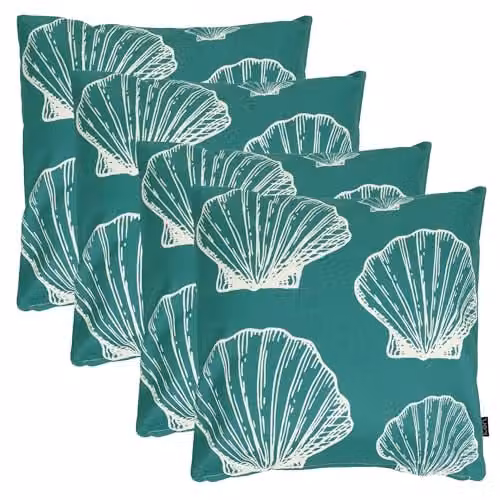 icon Set of 4 Indoor Outdoor Cushions, Sea Shell Design in Bottle Green and White, W/D/H: 43 x 43 x 43 cm