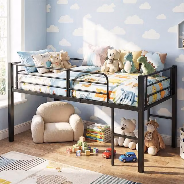Costway Modern Metal Kids Low Loft Single Bed in Black