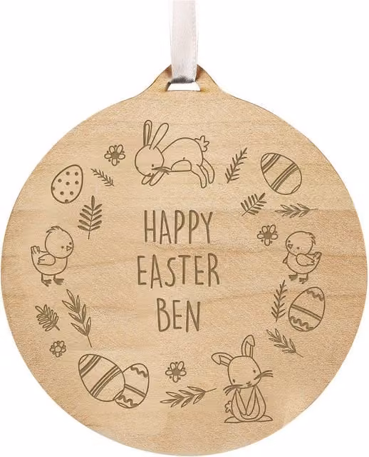 Personalised Memento Company Round Wooden Happy Easter Hanging Decoration in Brown
