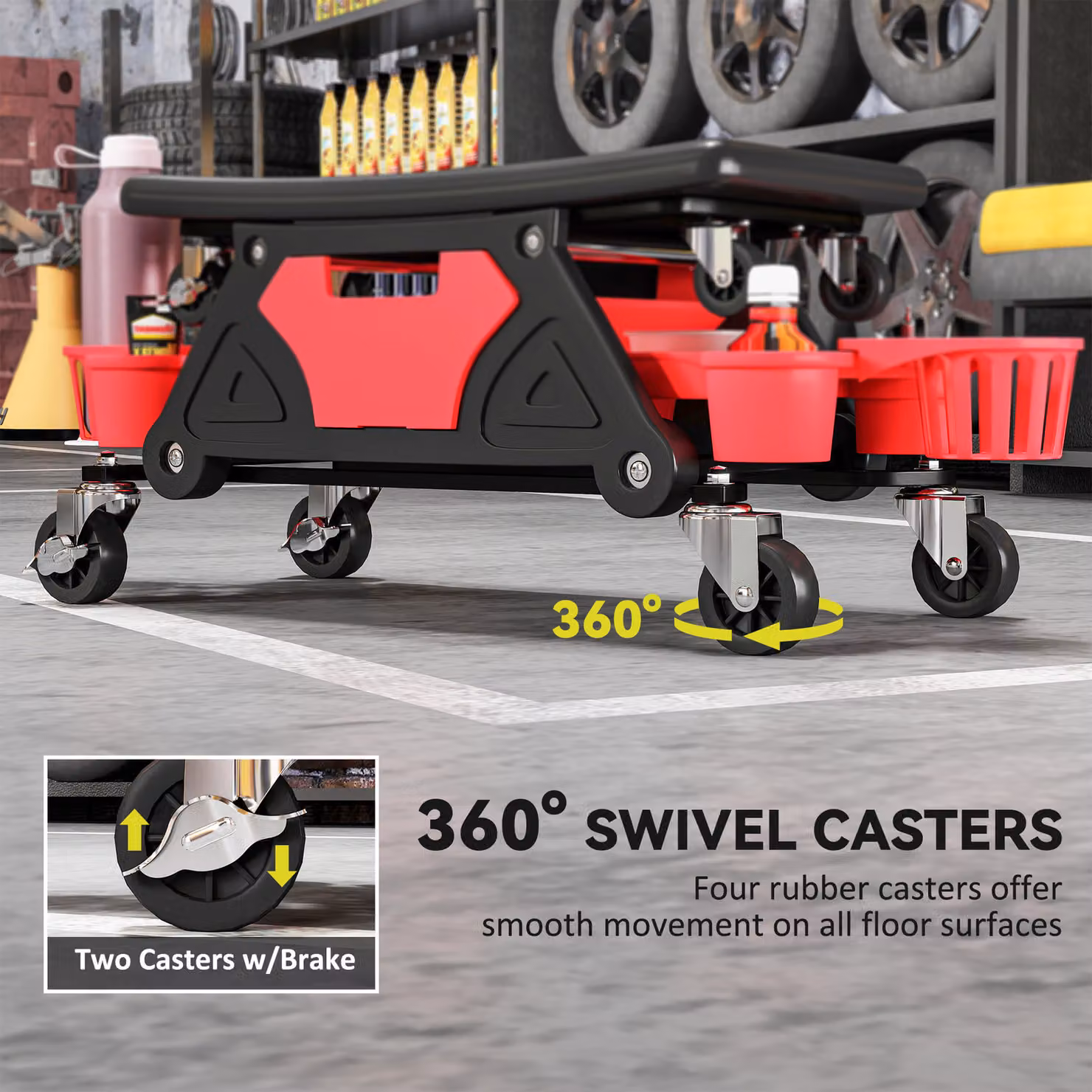 HOMCOM Red Rolling Mechanic Stool with 360 Degree Swivel Wheels and Tool Trays – 6