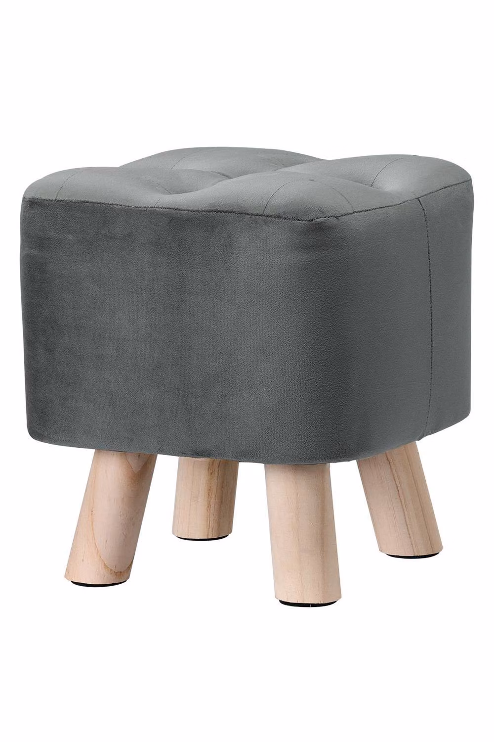 Living and Home Modern Small Square Velvet Buttoned Footrest with Wooden Legs in Grey – 2