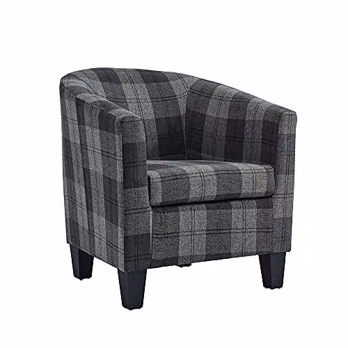 Home Detail Canberra Grey Checked Tub Chair with Armrests and Wooden Legs