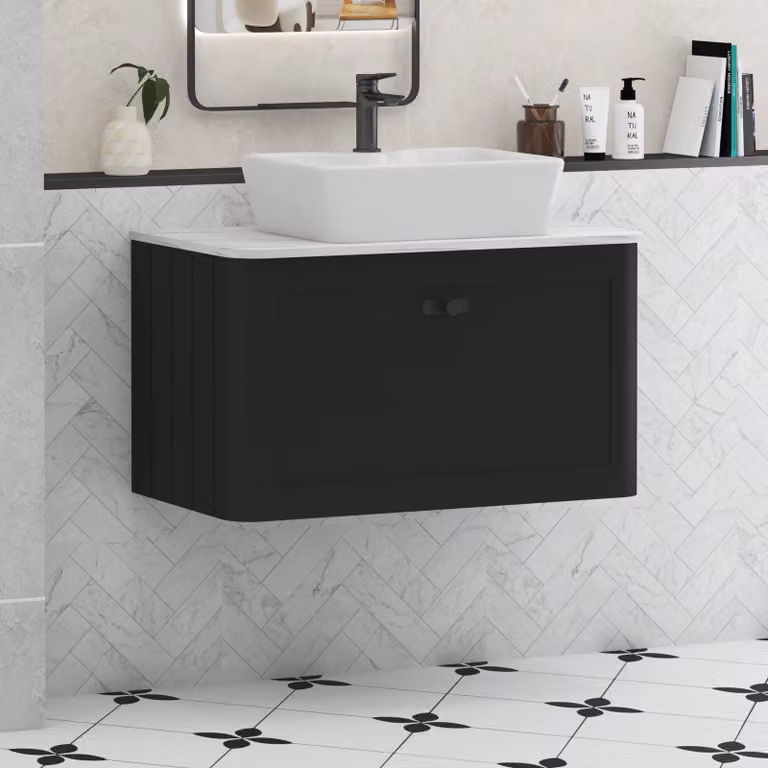 Royal Bathrooms Henley 800mm Wall Hung Vanity Unit in Matt Nocturne Black with Carrara White Worktop and 1 Drawer