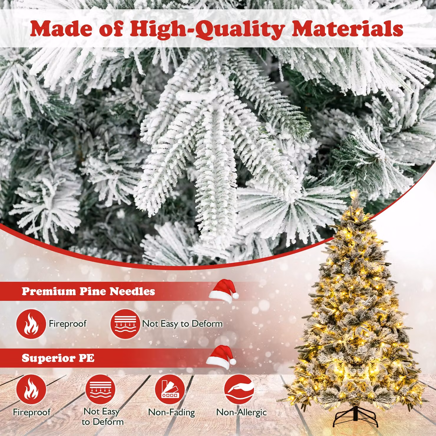 Gymax 6ft Flocked Artificial Green Christmas Tree with 752 Tips and 250 LED Lights – 4
