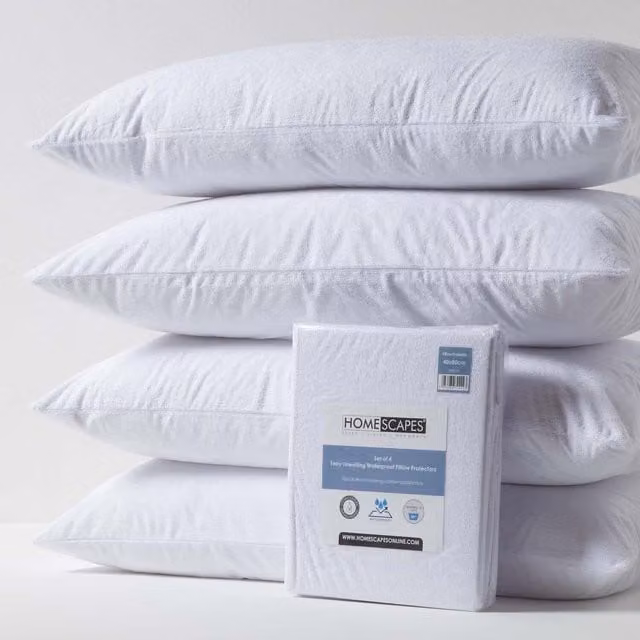 Homescapes Terry Cotton Waterproof Pillow Protectors, Pack of 4, White, W/D/H: 80 x 40 x 40 cm