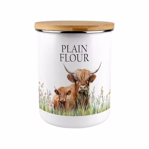 Purely Home Highland Cow and Calf Plain Flour Canister, Brown and White Enamel Kitchen Pantry Storage Container