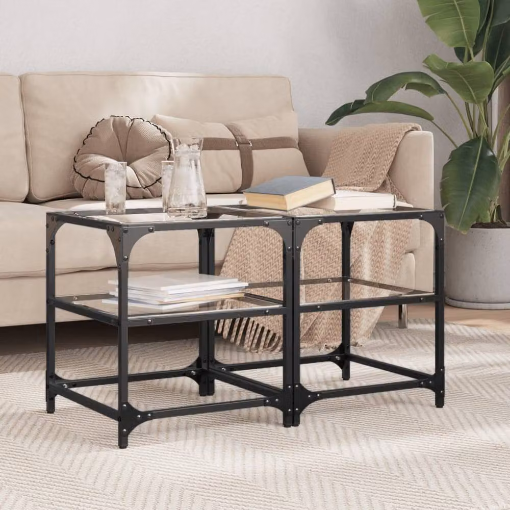 Berkfield Home Set of 2 Square Coffee Tables with Transparent Glass Tops and Steel Frames, W/D/H: 40 x 40 x 45 cm – 2