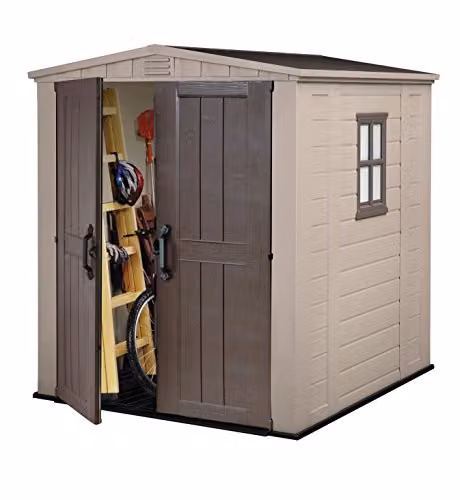 Keter Factor Outdoor Apex Double Door Garden Storage Shed in Beige Brown Wood Effect