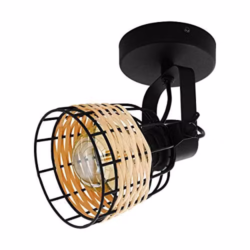 Loops Adjustable Black and Wicker Wall and Ceiling Spotlight with E27 Bulb – 1