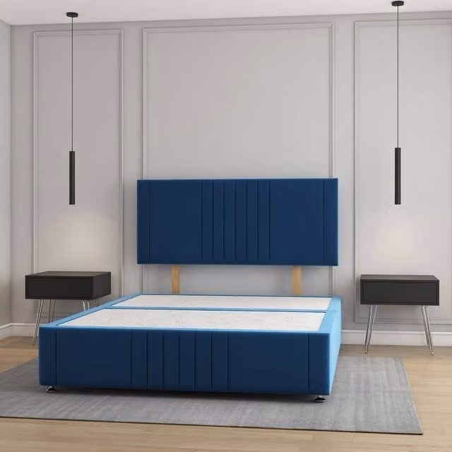 Regional Furnishings Super King Upholstered Plush Velvet Divan Bed with 24 inch Headboard in Blue, W/D/H: 200 x 200 cm