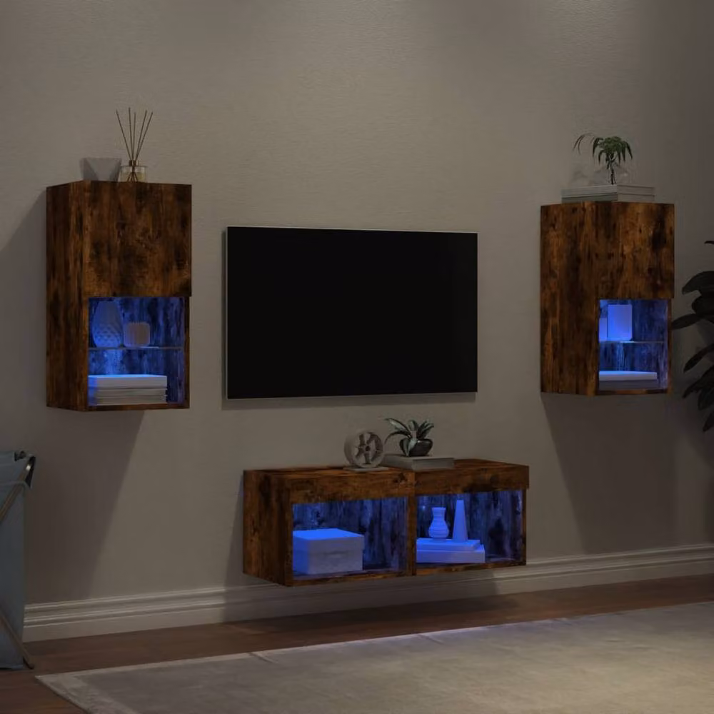 Berkfield Home Decorative 4 Piece Modern Wall Mounted TV Cabinets with Integrated LED Lighting in Smoked Oak Brown – 2