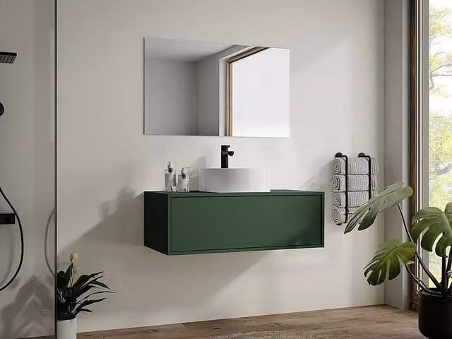 Vente-unique Matt Green Wall-Mounted Bathroom Vanity Unit with Single Round Basin, W/D/H: 94 x 47 x 32 cm – 1