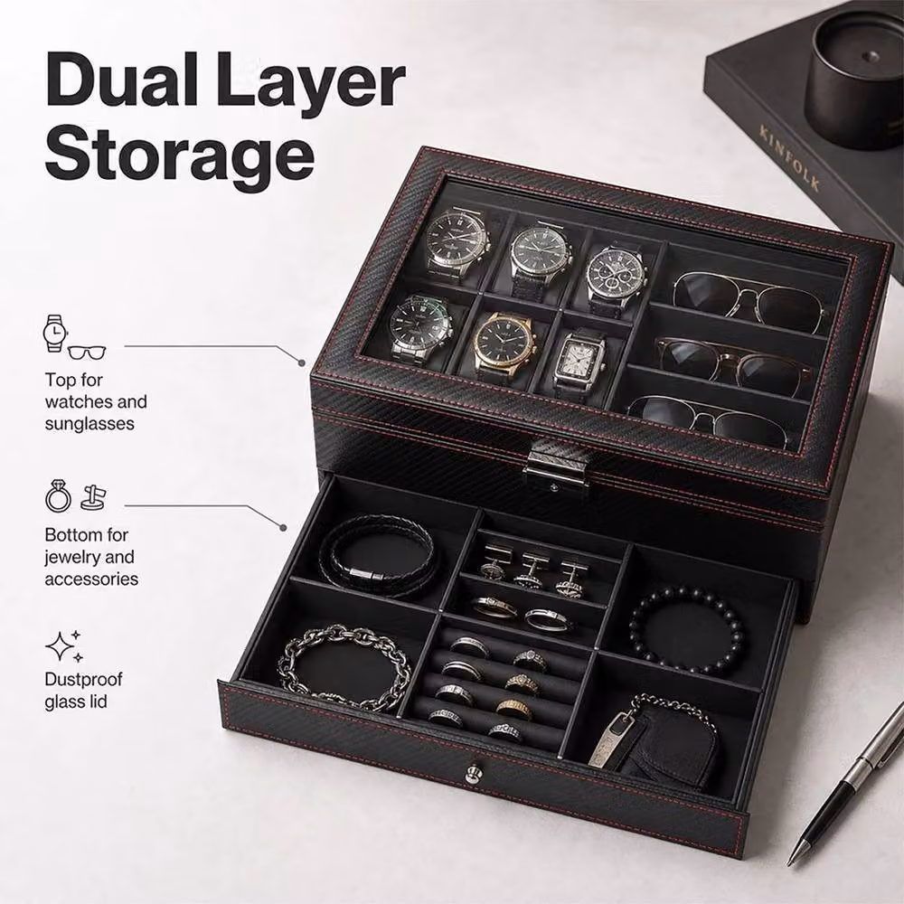 FLAVORA 2 Layer Watch and Jewellery Storage Box with Glass Lid, Black – 5