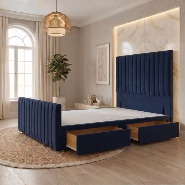 Somnior Eleanor Velvet Divan Base with 2 Drawers, 54 inch Headboard and 22 inch Footboard, Blue, W/D/H: 180 x 200 cm, King Size