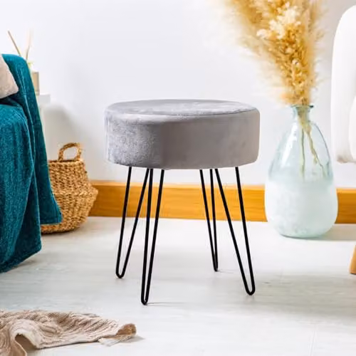 Harbour Housewares Modern Cylindrical Velvet Footstool in Grey with Black Legs, H41 x W41 x D41 cm – 2