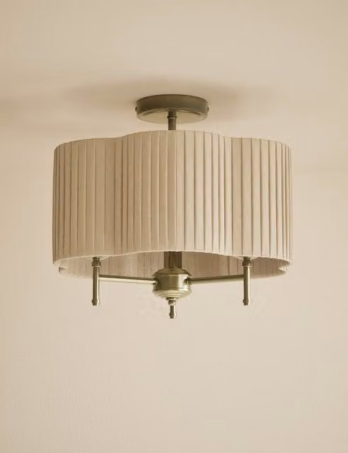 M&S Scallop Pleated Flush Ceiling Light in Antique Brass and Beige Fabric