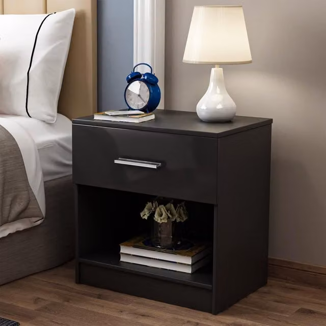 Comfy Living Modern High Gloss Bedside Table with Drawer and Open Shelf in Black
