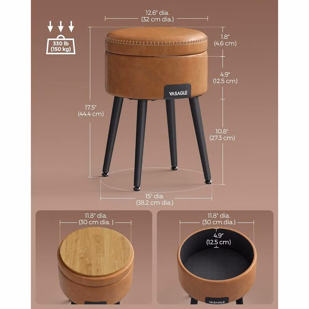 VASAGLE Round Storage Ottoman Dressing Stool in Brown Synthetic Leather with Metal Legs – 2