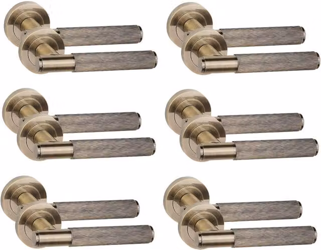 Golden Grace 6 Pairs of Straight T-Bar Linear Door Handles on Round Rose in Antique Brass and Gold