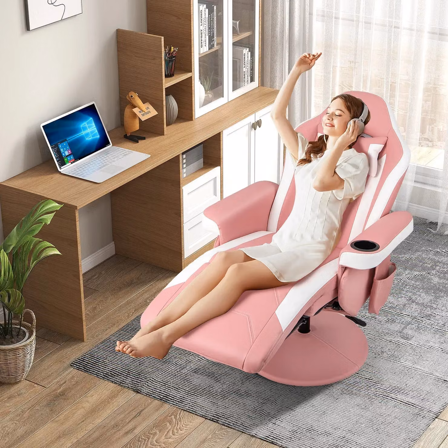 Costway Pink Massage Gaming Chair with Adjustable Height, Swivel Function and PU Leather Racing Recliner – 4