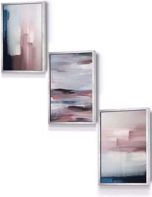 ARTZE Abstract Boho Oil Painting Reproduction in Navy Blue, Grey and Blush Pink with Metallic Silver Frame, W: 33 cm, H: 45 cm, D: 2 cm