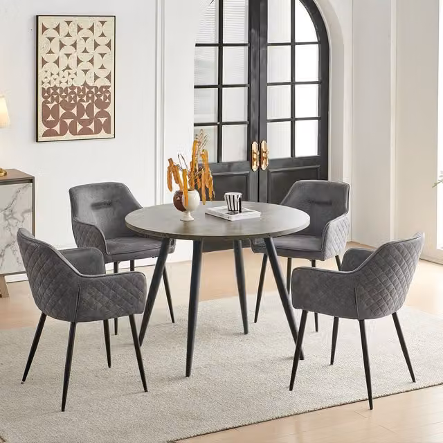 SONARA Grey Marble Round Dining Table and 4 Faux Suede Chairs Set – 1