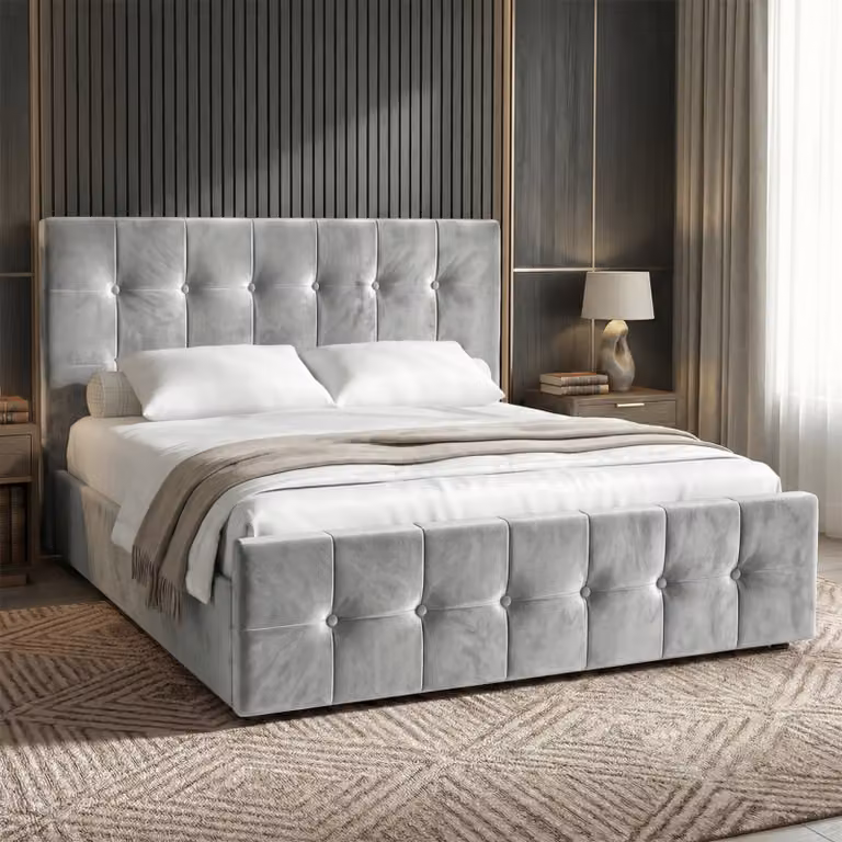 DHS Grey Velvet Square Ottoman Storage Bed Frame, W/D/H: 180 x 200 cm