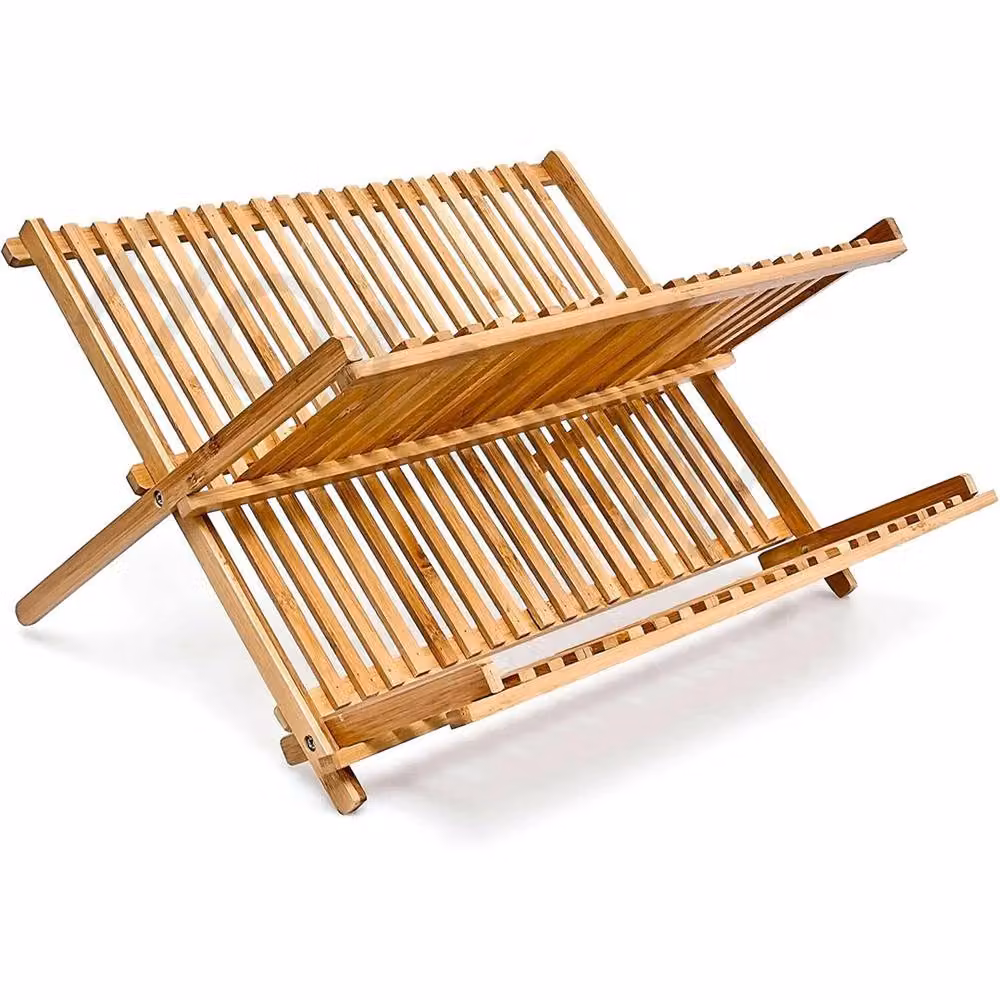 Nordara Bamboo Folding Dish Drainer with Cup and Cutlery Holder in Beige – 2