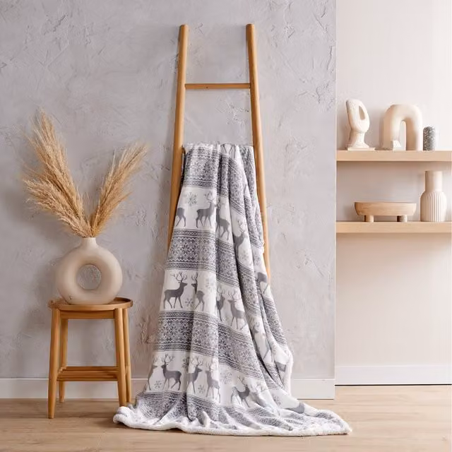 Bellissimo Nordic Sherpa Throw in Grey and White with Scandinavian Norwegian Ethnic Fleece Design