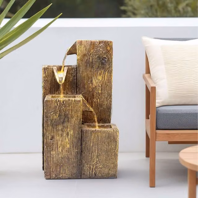 Lifeideas Rustic Wood Effect Tiered Solar Cascade Fountain in Brown and Yellow