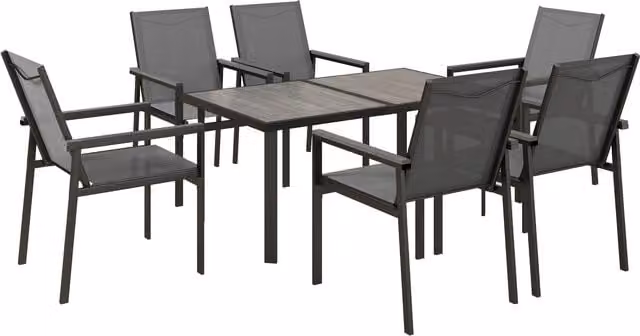 Outsunny 7 Piece Garden Dining Set with Glass Top Rectangular Table and 6 Grey Mesh Armchairs – 1