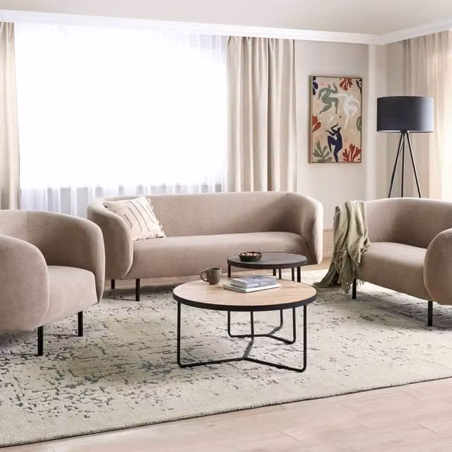 Wyld and Coco Mid-Century 3-Seater Sofa, 2-Seater Loveseat and Armchair Set in Beige Polyester Fabric with Black Metal Legs