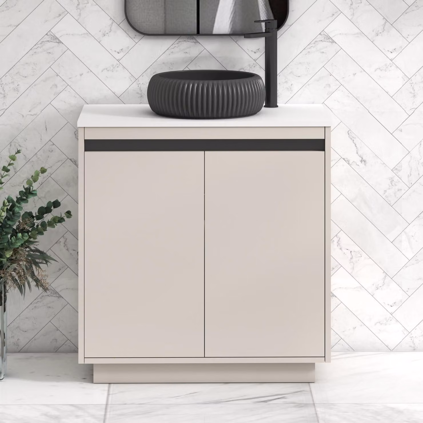 Royal Bathrooms Orion 800mm Warm Taupe Floor Standing 2 Door Vanity Unit with Milan Black Basin and Black Accent Trim
