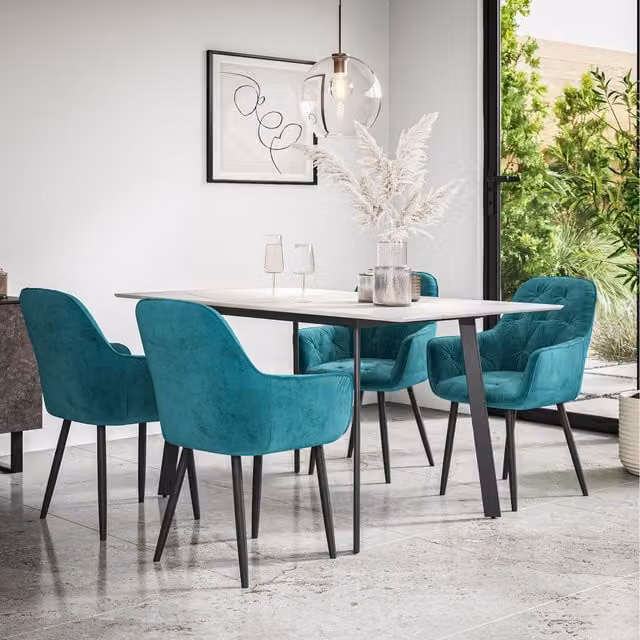 More4Homes Haydon Extending Marble Effect Dining Table Set with 6 Blue Anika Velvet Chairs