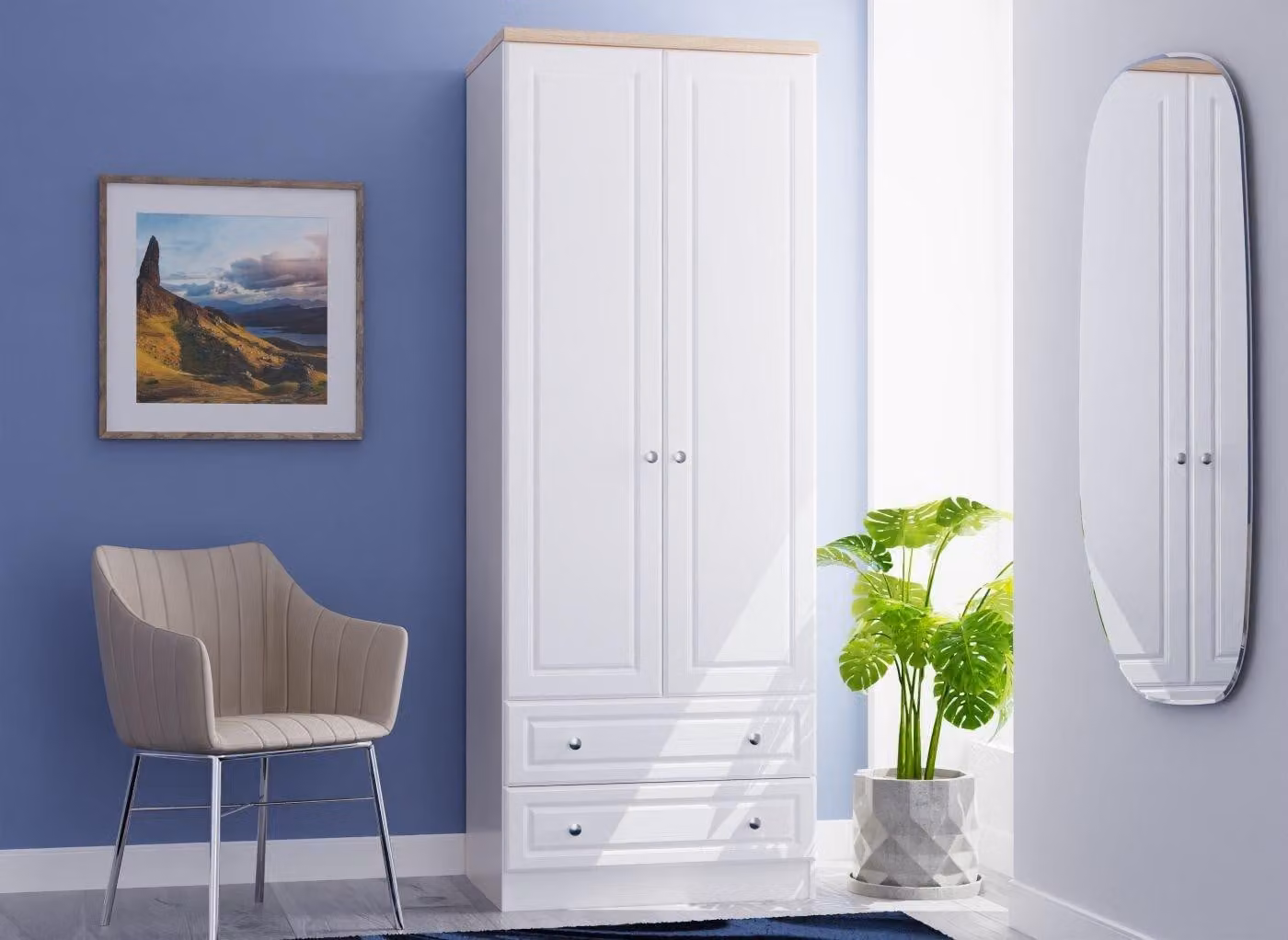 Texas 2-Door 2-Drawer Wardrobe in White Oak MDF
