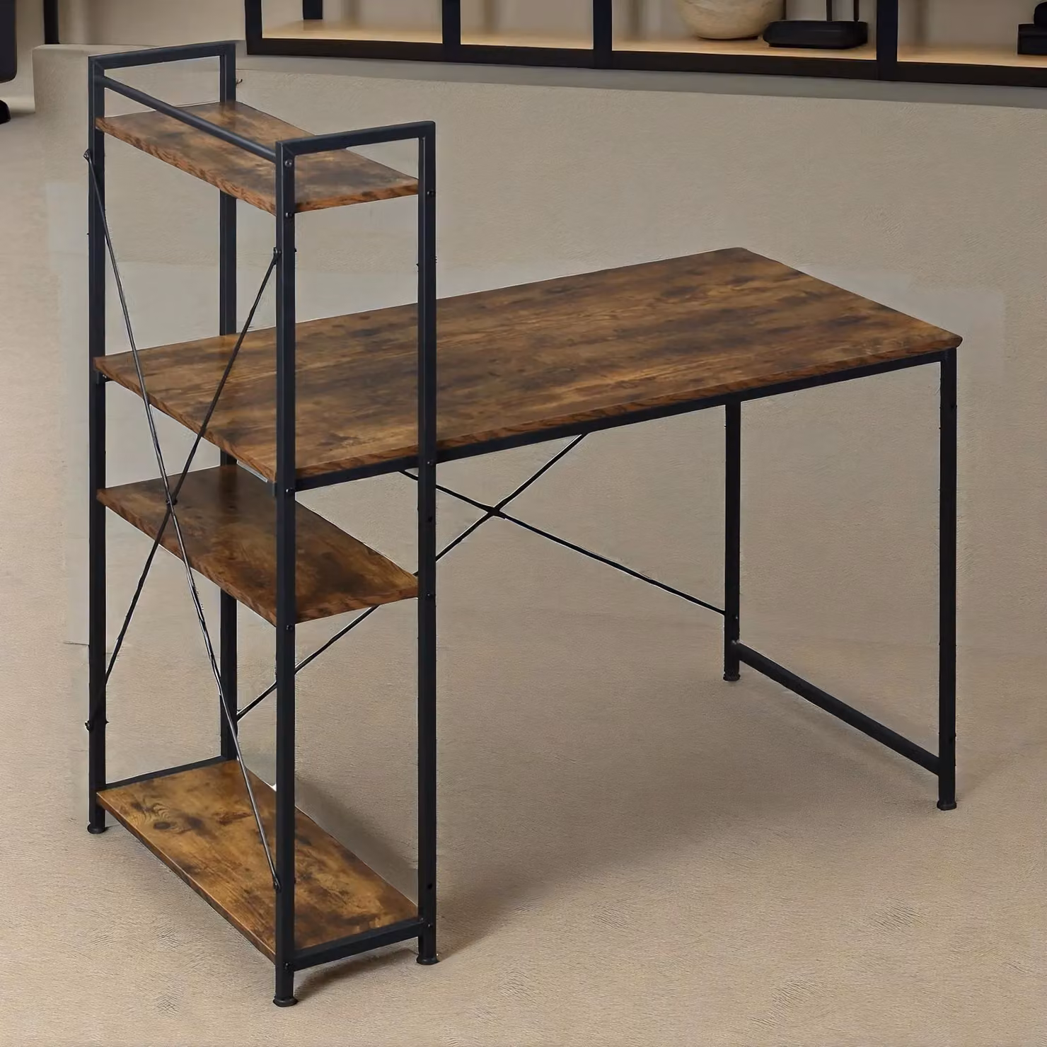 Pirlo Plush Industrial 4 Tier Computer Desk with Shelves, Rustic Brown, W: 121 cm, D: 64 cm, H: 64 cm – 3
