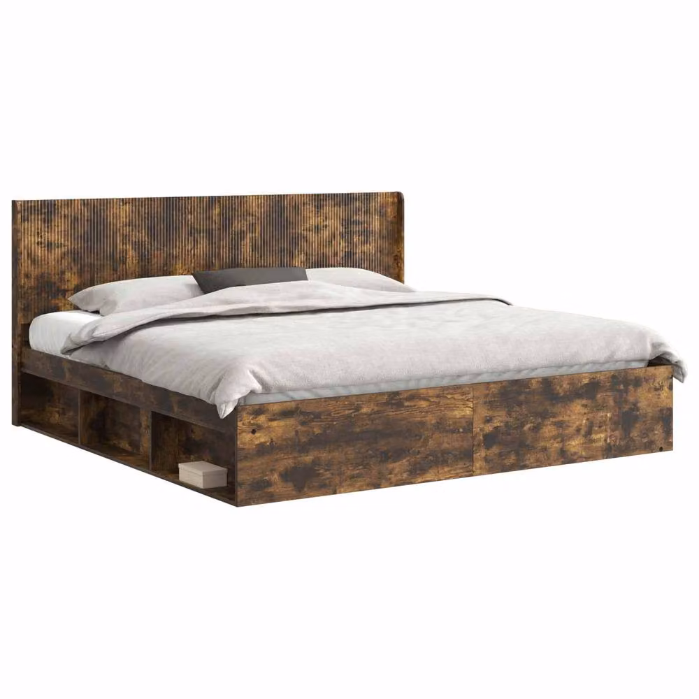 Berkfield Home Bed Frame with Storage and Headboard in Smoked Oak Brown, W/D/H: 180 x 200 cm – 2